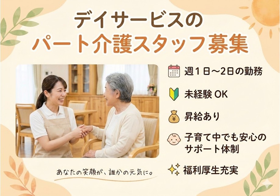 デイサービスのパート介護スタッフ募集　週1～2日の勤務　未経験OK　昇給あり　子育て中でも安心のサポート体制　福利厚生充実