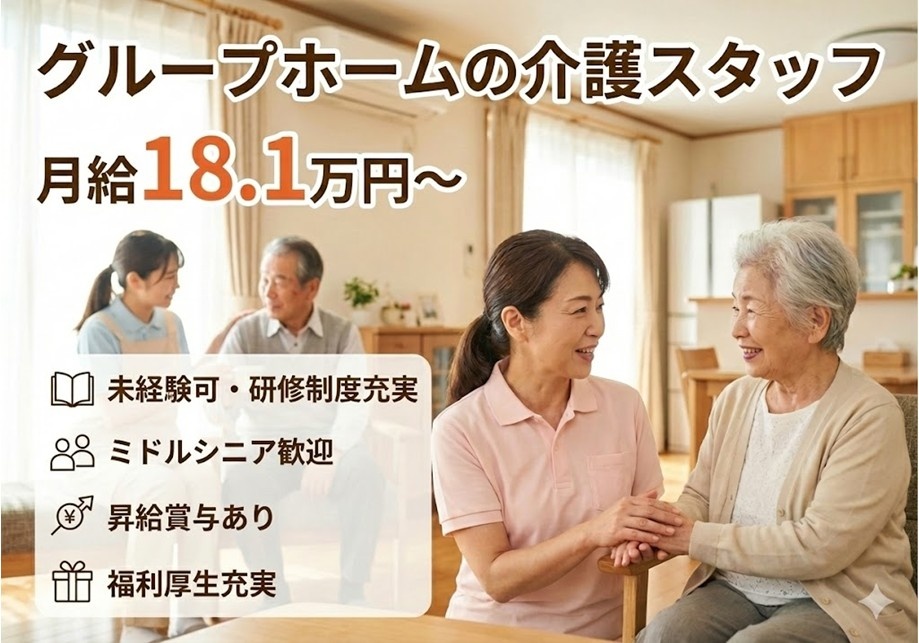 グループホームの介護スタッフ　月給18.1万円～　未経験可・研修制度充実　ミドルシニア歓迎