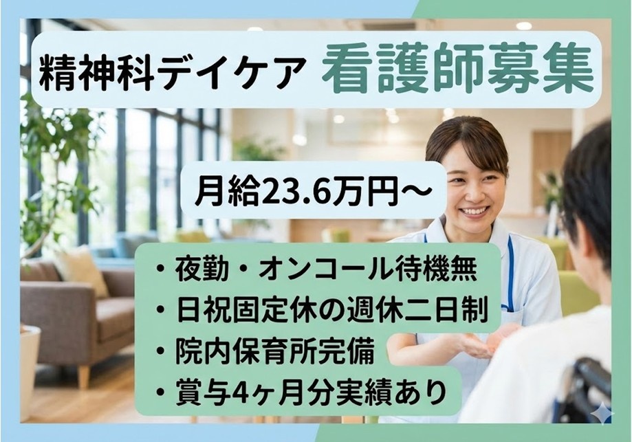 精神科デイケア　看護師募集　月給23.6万円～　夜勤・オンコール待機無し