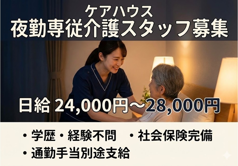 ケアハウス　夜勤専従スタッフ募集　週1日～OK　日給24,000円～28,000円　未経験でも大丈夫！　働きやすい環境です