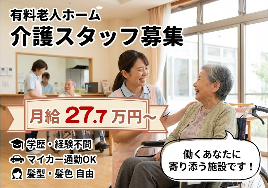 有料老人ホーム　介護スタッフ募集　月給27.7万円～　学歴・経験不問　マイカー通勤OK　髪型・髪色自由
