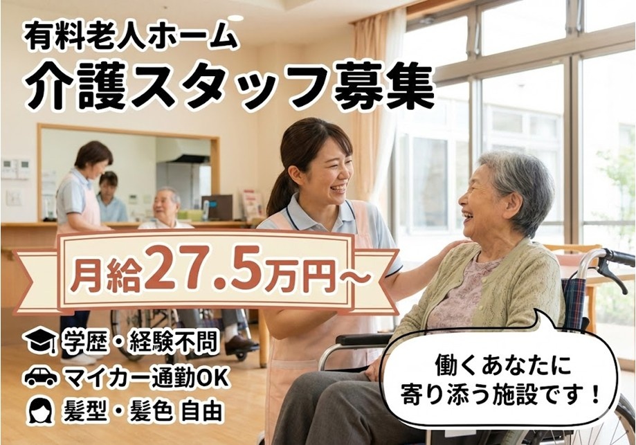 有料老人ホーム　介護スタッフ募集　月給27.5万円～　学歴・経験不問　マイカー通勤OK　髪型・髪色自由