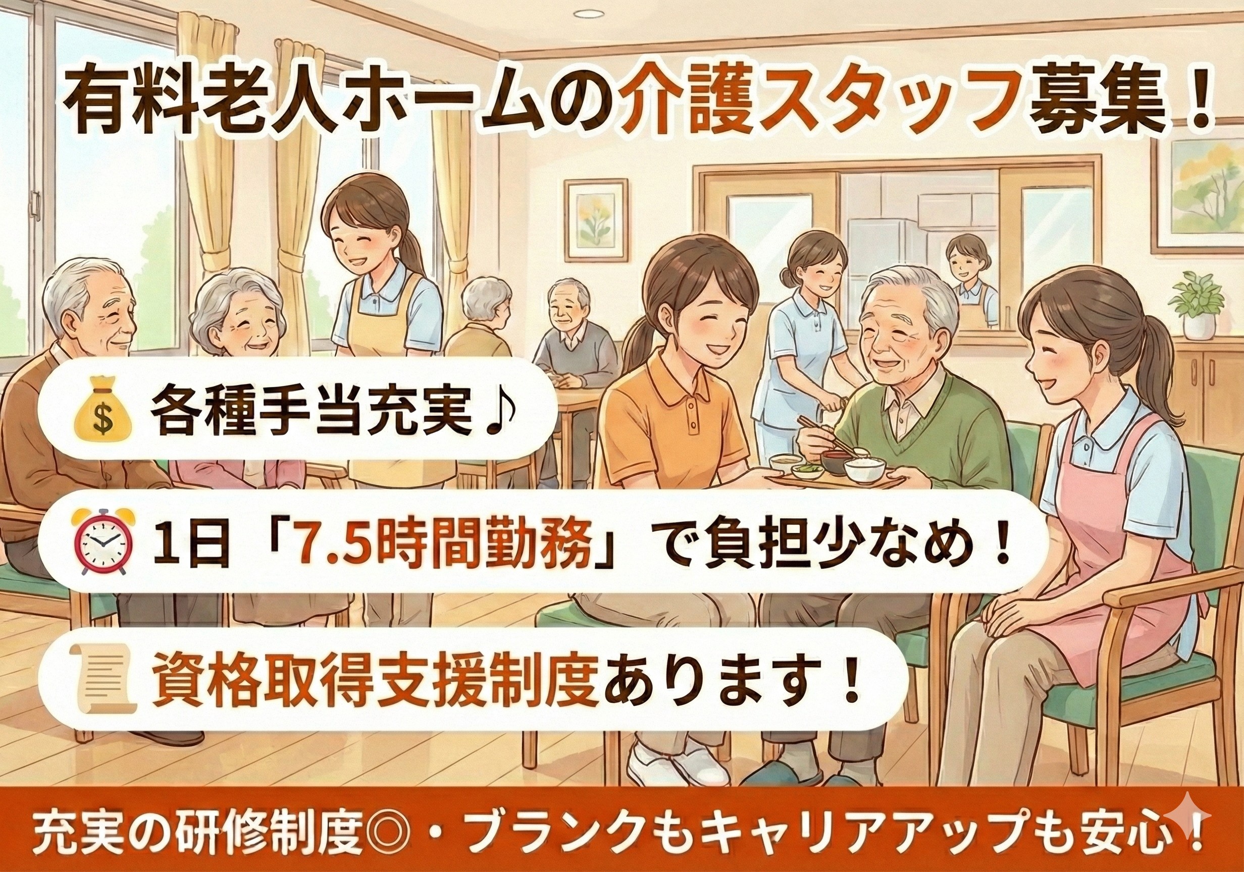 有料老人ホームの介護スタッフ募集！1日7.5時間勤務の企業です！
