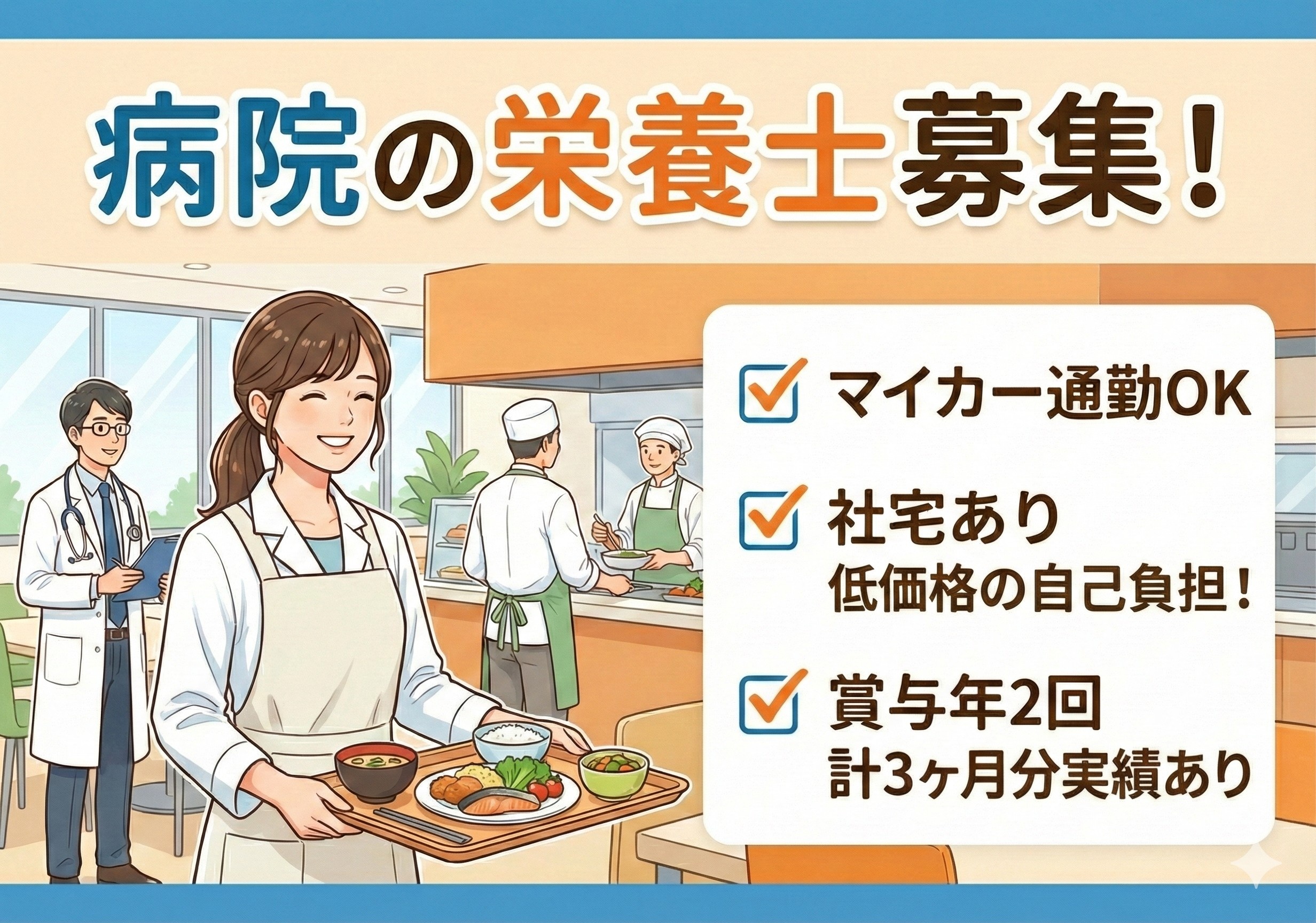 病院の栄養士募集！昇給・賞与あり！マイカー通勤可！