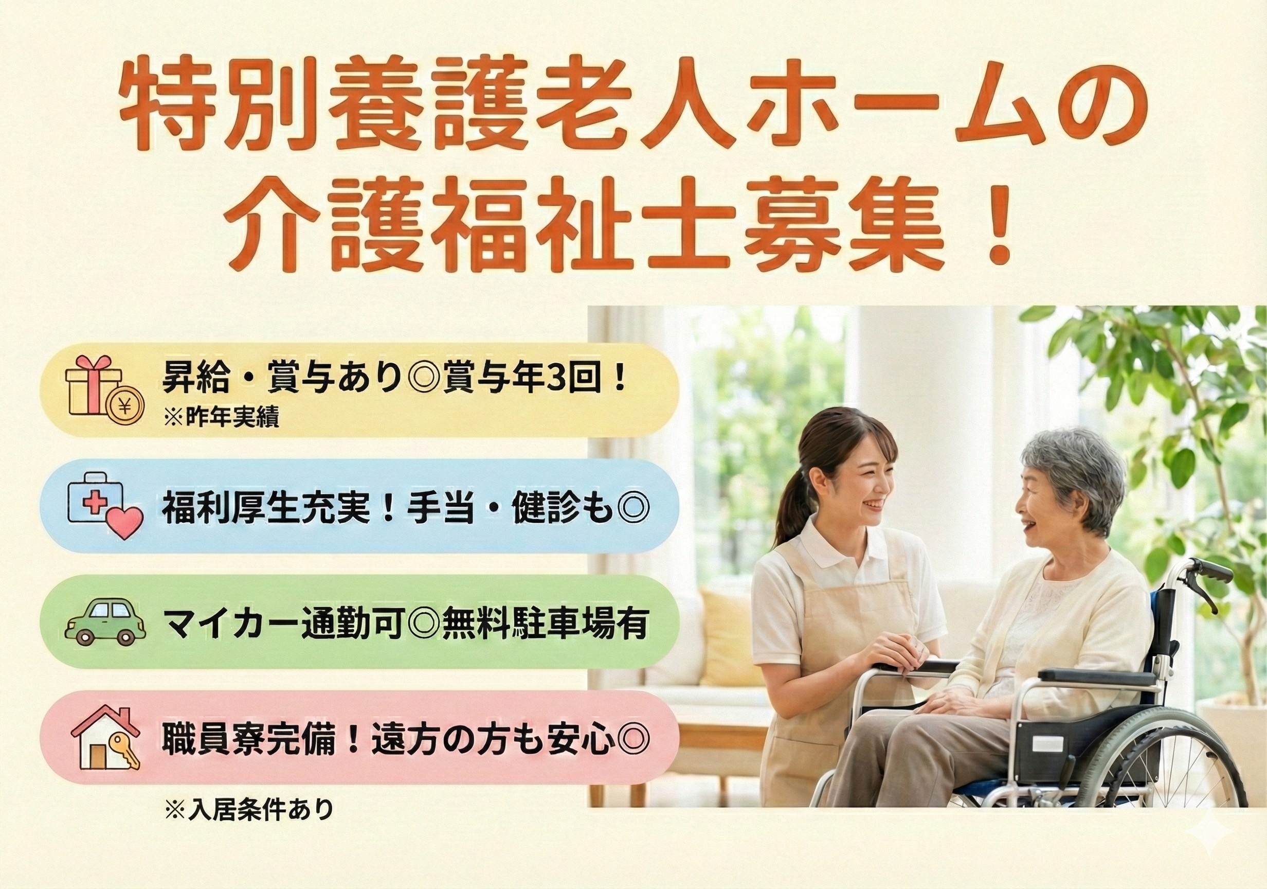 特別養護老人ホームの介護福祉士募集！マイカー通勤可！充実した福利厚生があります！