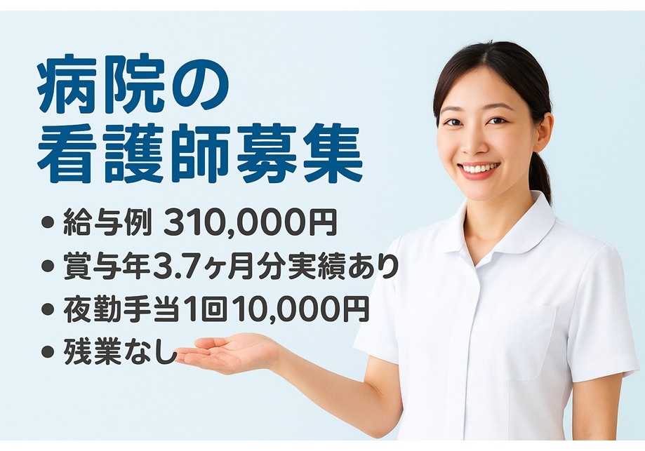 病院の看護師募集！賞与計3.7ヶ月支給実績あります！残業無し！プライベートも大切にできます！