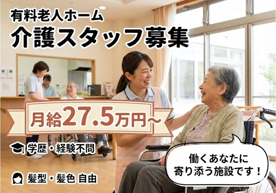 有料老人ホーム　介護スタッフ募集　月給27.5万円～　学歴・経験不問　マイカー通勤OK　髪型・髪色自由