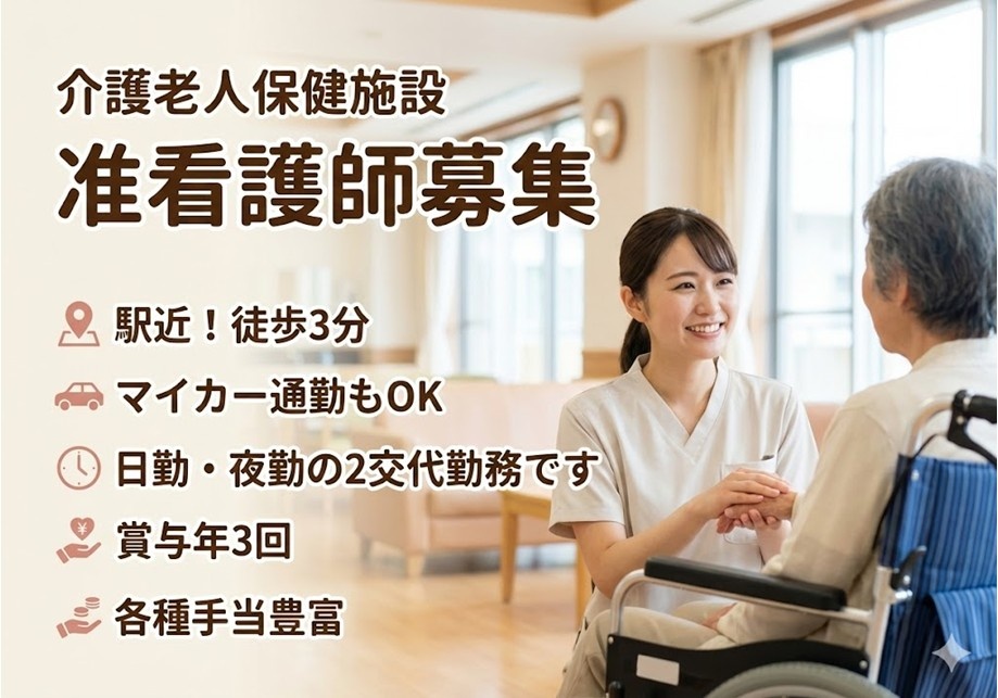 介護老人保健施設　准看護師募集　駅近！徒歩3分　マイカー通勤もOK