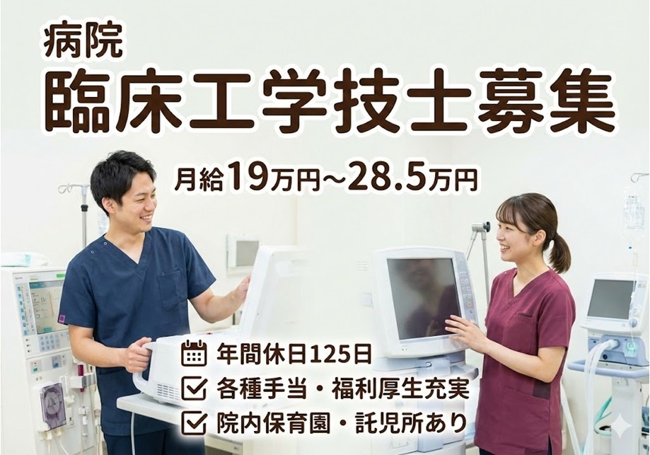 病院の臨床工学技士募集　月給19万円～28.5万円　年間休日125日　各種手当・福利厚生充実　院内保育園・託児所あり