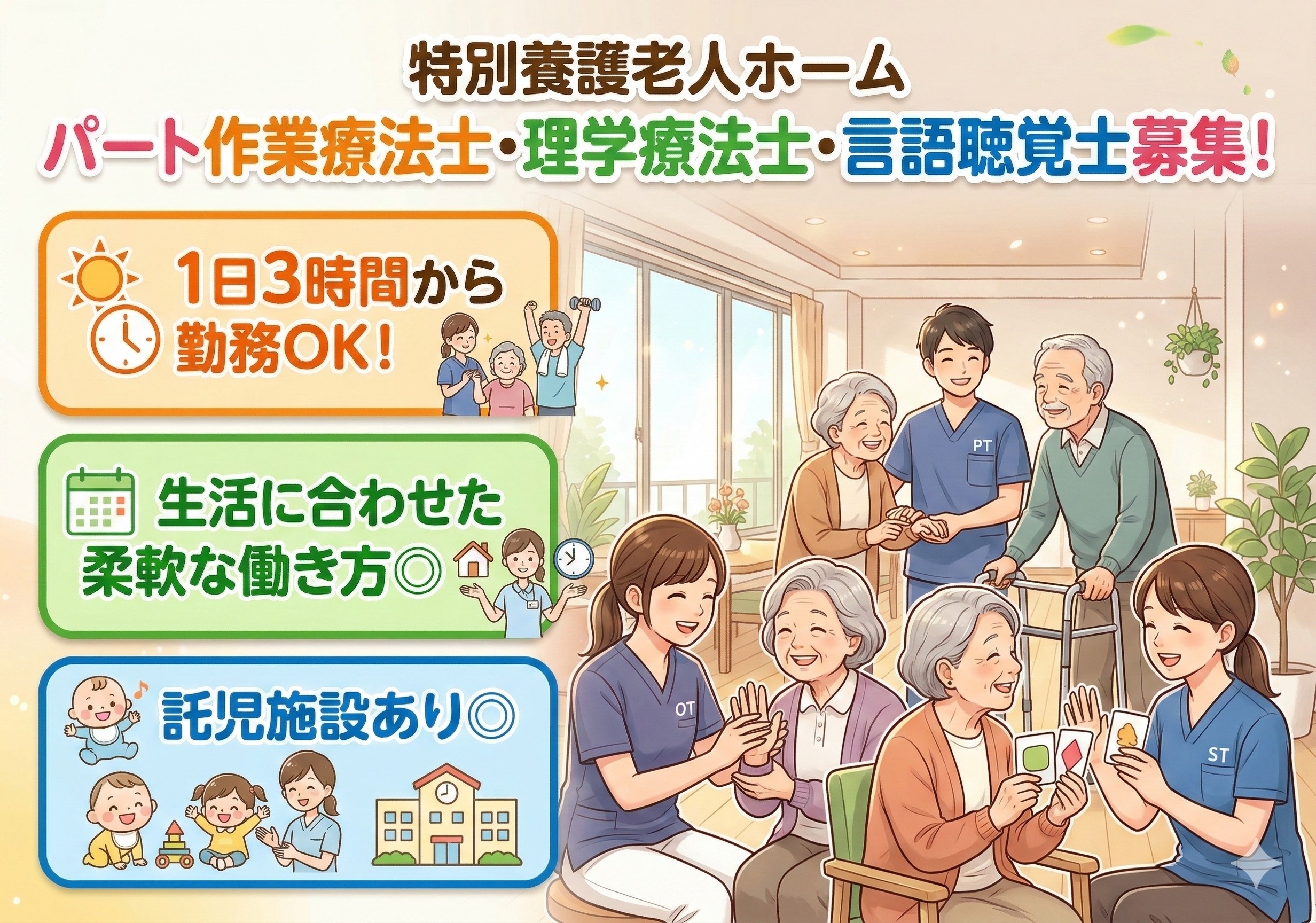 特別養護老人ホームのパート作業・理学療法士・言語聴覚士募集！1日3時間勤務～OK！