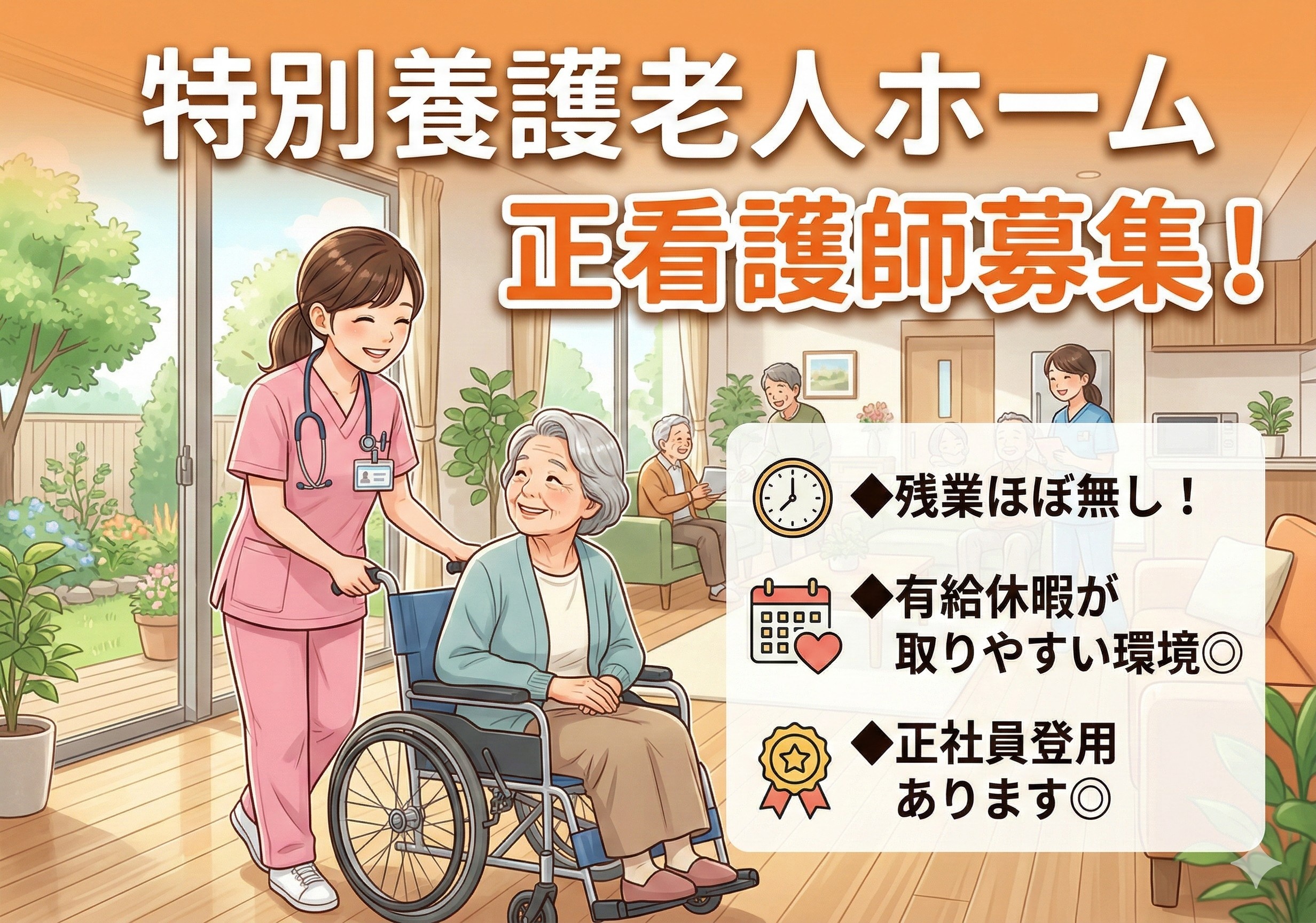 特別養護老人ホームのの正看護師（契約社員）募集！残業ほぼ無し！有給が取りやすい環境です！