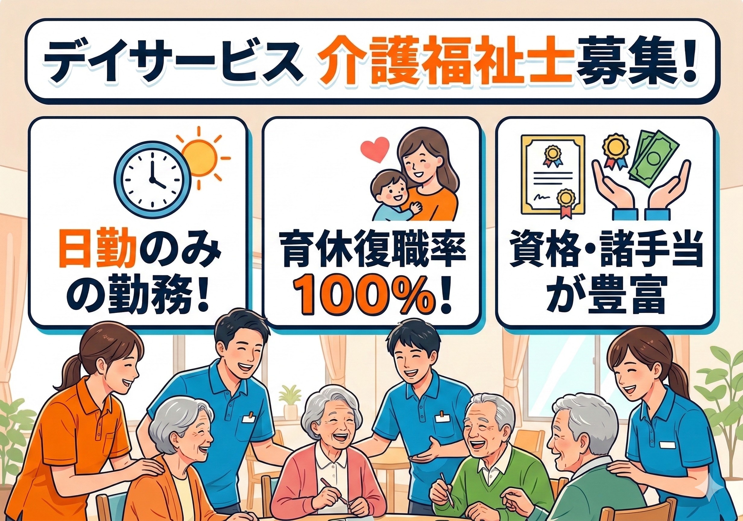 デイサービスの介護福祉士募集！日勤のみ！手当充実！