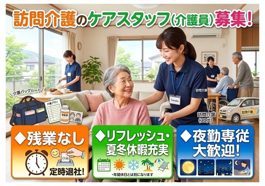 訪問介護のケアスタッフ募集　残業なし　各種休暇あり　夜勤専従大歓迎
