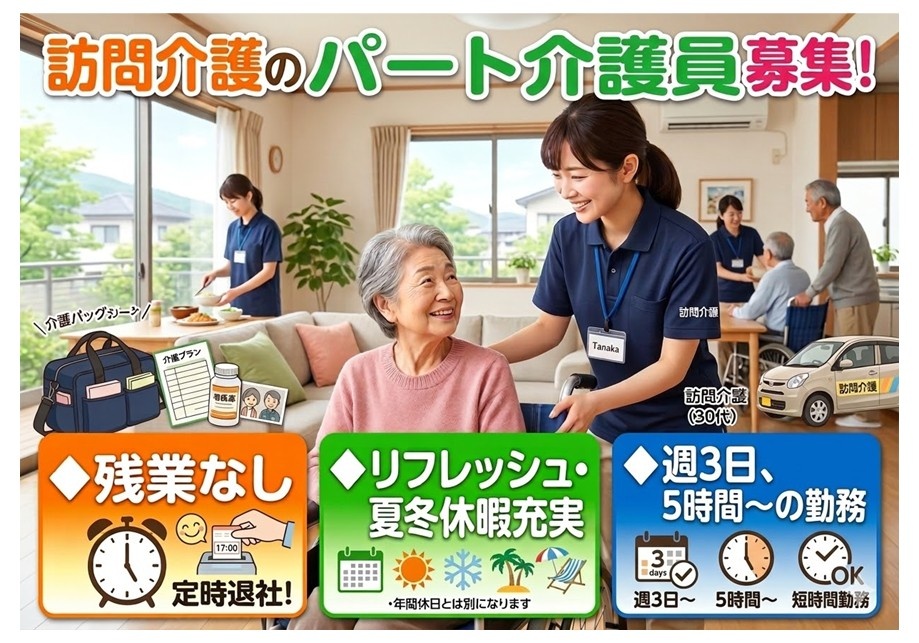 訪問介護のパート介護員募集　残業なし　各種休暇あり　週3日、5時間～の勤務