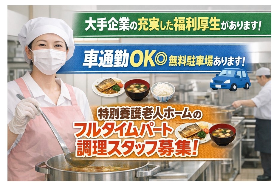 特養　フルタイムパート調理スタッフ募集　大手企業の充実した福利厚生　マイカー通勤OK　駐車場あり