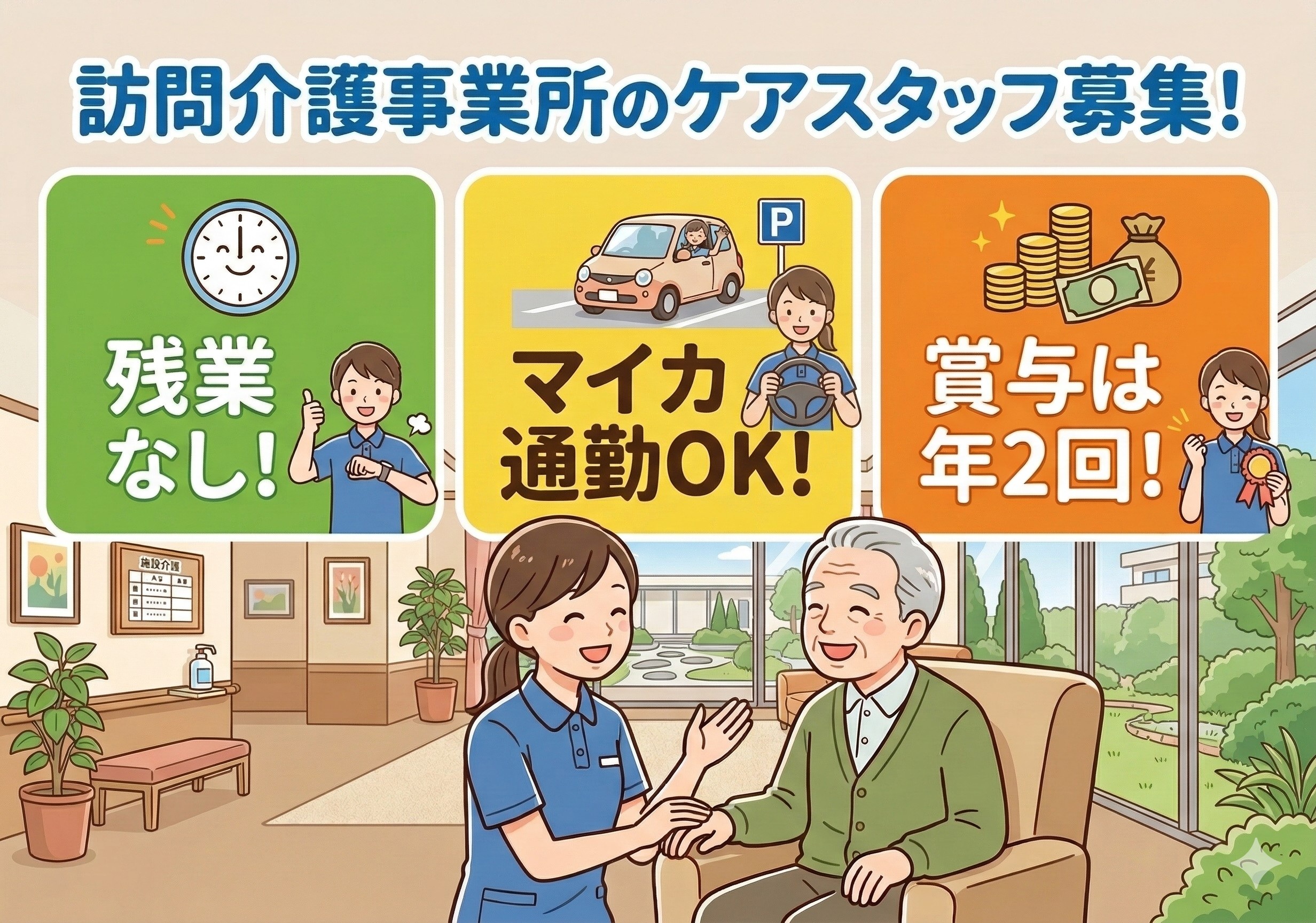 訪問介護事業所のケアスタッフ募集！残業無し！マイカー通勤OK！