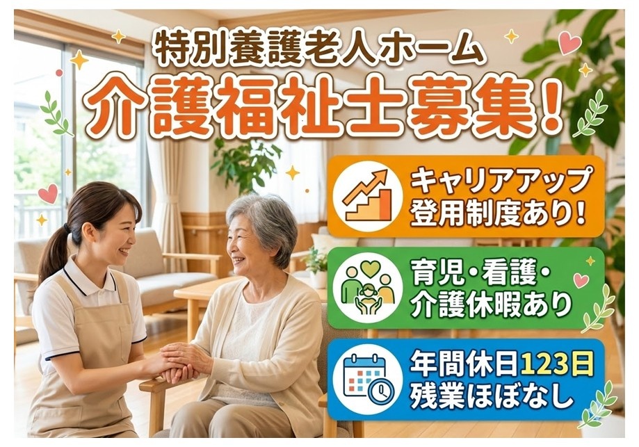 特養　介護福祉士募集　キャリアアップ登用制度あり　育児・介護・看護休暇あり　年間休日123日　残業ほぼなし