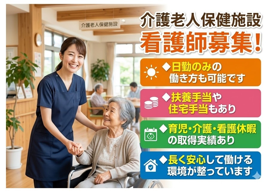 老健　看護師募集　日勤のみも可　各種手当・休暇あり