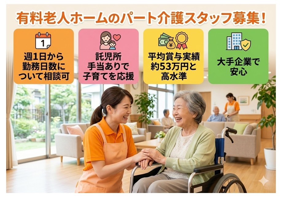 有料老人ホームのパート介護スタッフ募集　週1日～勤務日数相談可　託児所手当あり　大手企業で安心