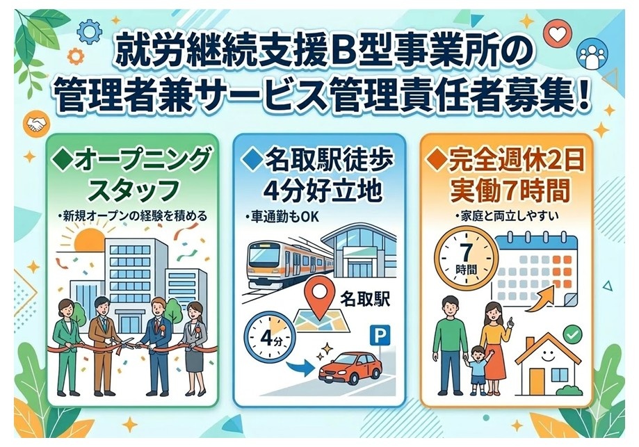 就労継続支援B型事業所　管理者兼サービス管理責任者募集　オープニングスタッフ　名取駅徒歩4分好立地　実働7時間　完全週休二日制　