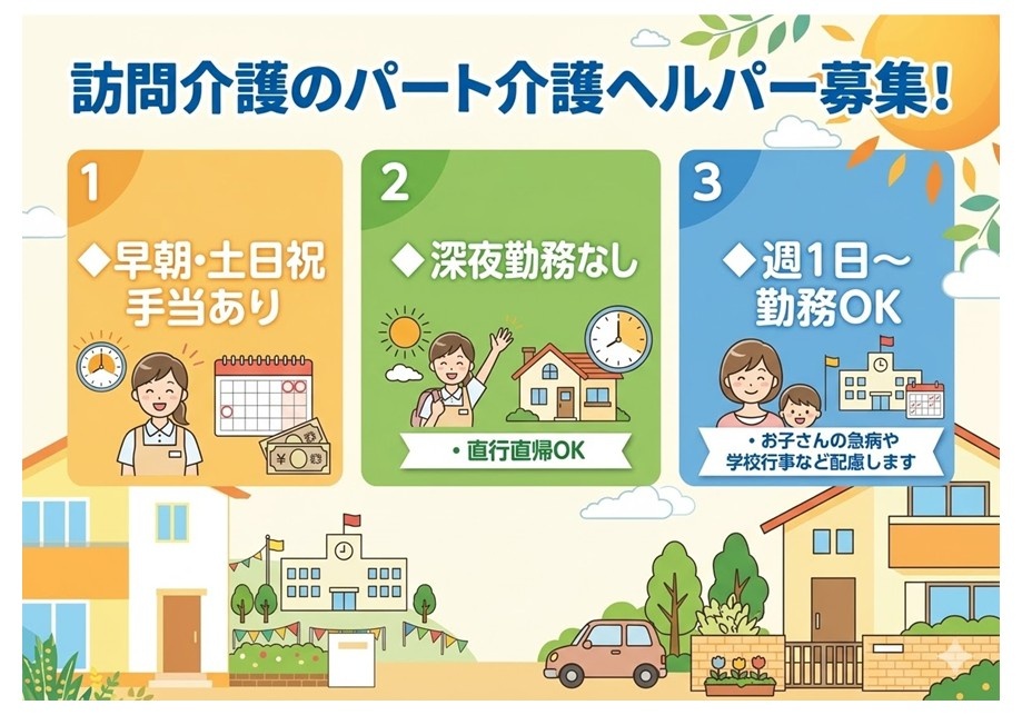訪問介護のパート介護ヘルパー募集　早朝・土日祝手当あり　深夜勤務なし　週1日～勤務OK