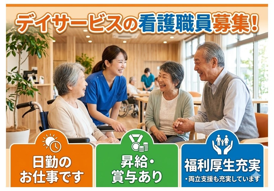 デイサービスの看護職員募集　日勤のお仕事です　昇給・賞与あり　福利厚生充実　両立支援も充実しています