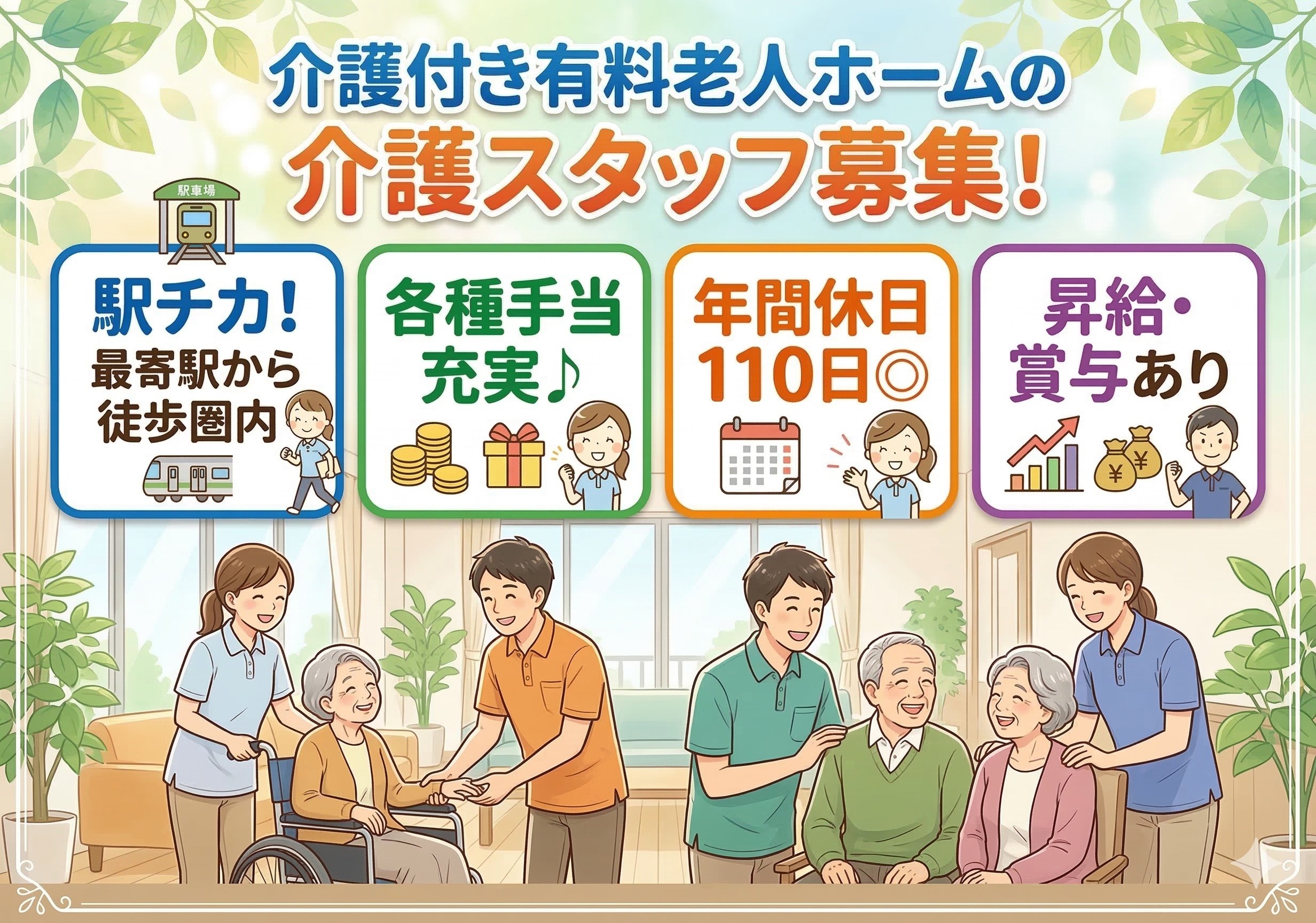 介護付き有料老人ホームの介護スタッフ募集！駅チカ！各種手当充実！