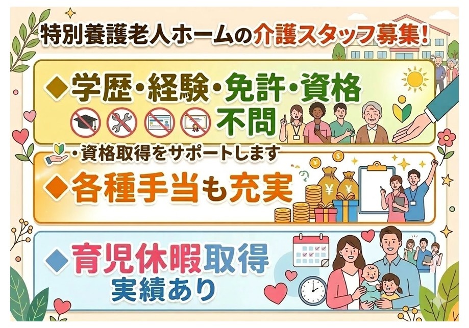特養　介護スタッフ募集　学歴・経験・免許・資格不問　資格取得をサポート　各種手当充実　育児休暇取得実績あり