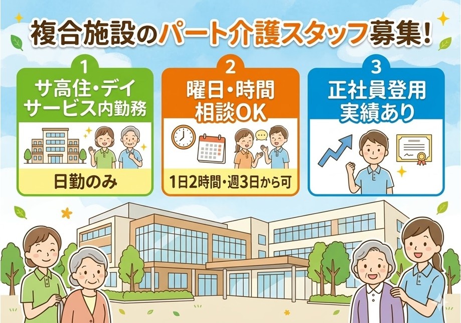 複合施設のパート介護スタッフ募集　サ高住・デイサービス内勤務　曜日・時間相談可　正社員登用実績あり