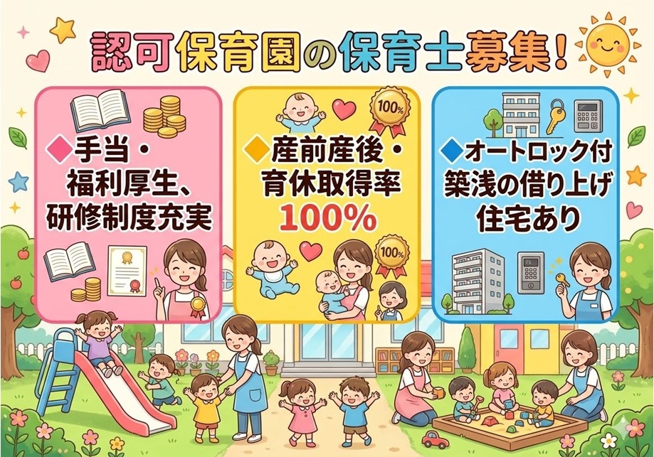 認可保育園の保育士募集　手当・福利厚生、研修制度充実　産前産後・育休取得率100％　社宅あり