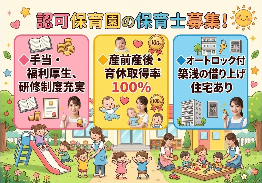 認可保育園の保育士募集　手当・福利厚生、研修制度充実　産前産後・育休取得率100％　社宅あり