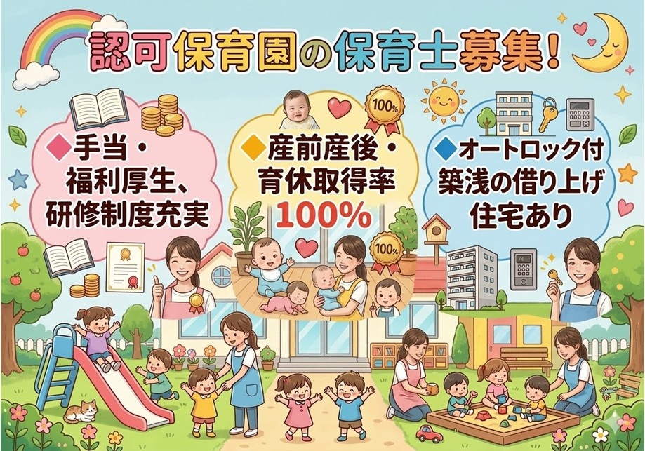 認可保育園の保育士募集　手当・福利厚生、研修制度充実　産前産後・育休取得率100％　社宅あり