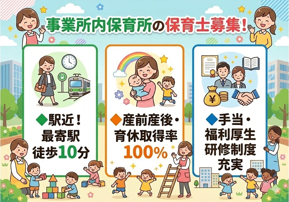 事業所内保育所の保育士募集　駅近！徒歩10分　産前産後・育休取得率100％　手当・福利厚生、研修制度充実