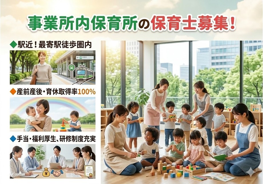 事業所内保育所の保育士募集　駅近！徒歩圏内　産前産後・育休取得率100％　手当・福利厚生、研修制度充実