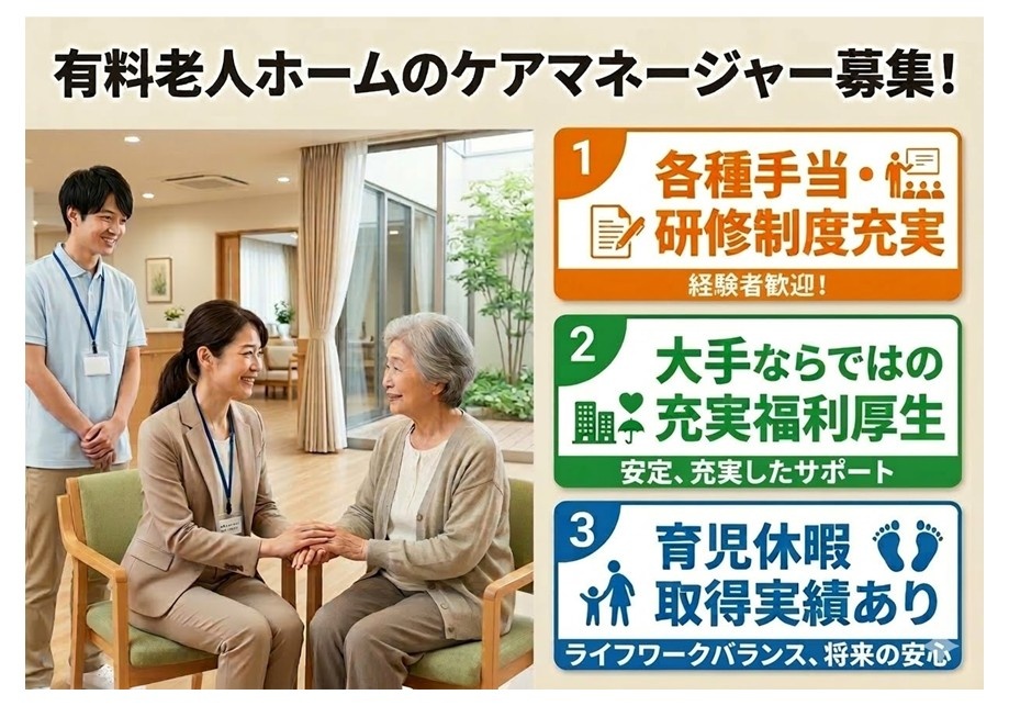 有料老人ホームのケアマネ募集　各種手当・研修制度充実　大手ならではの充実福利厚生　育児休暇取得実績あり