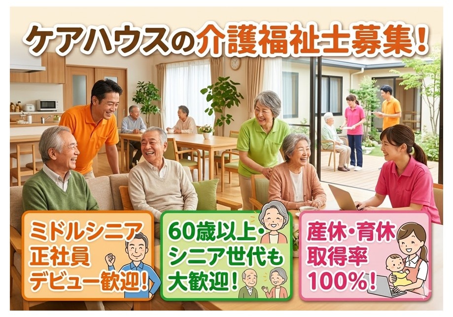 ケアハウスの介護福祉士募集　ミドルシニア正社員デビュー歓迎！　60歳以上のシニア世代も大歓迎！　産休・育休取得率100％