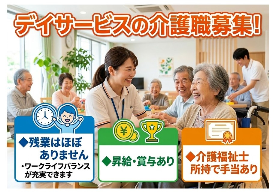 デイサービスの介護職募集　残業はほぼありません　昇給・賞与あり　介護福祉士所持で手当あり