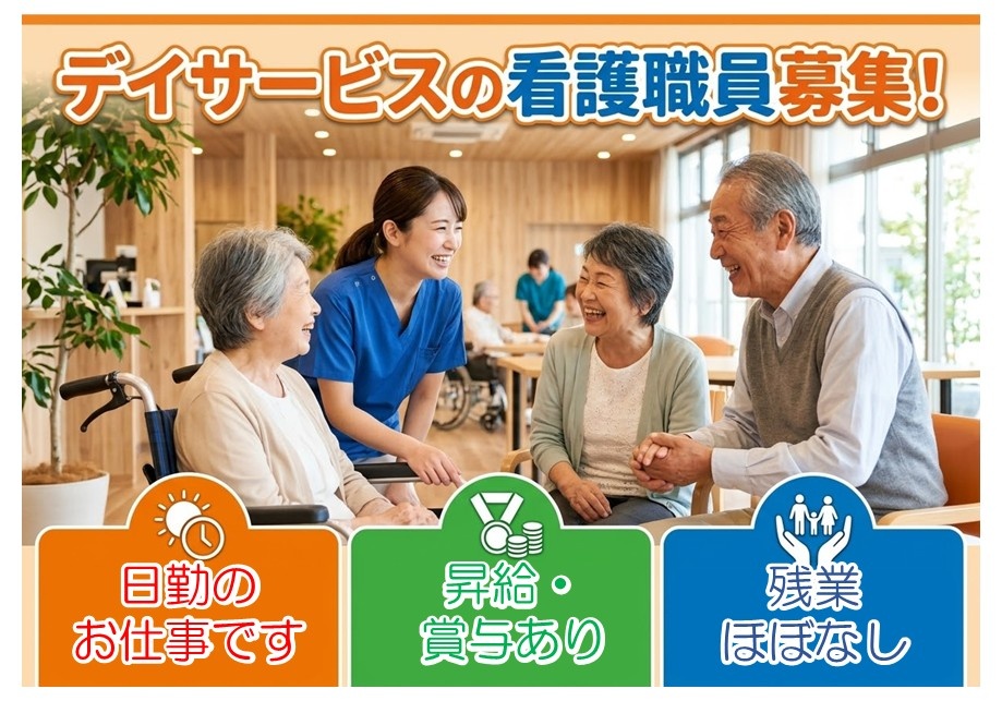 デイサービスの看護職員募集　日勤のお仕事です　昇給・賞与あり　残業ほぼなし