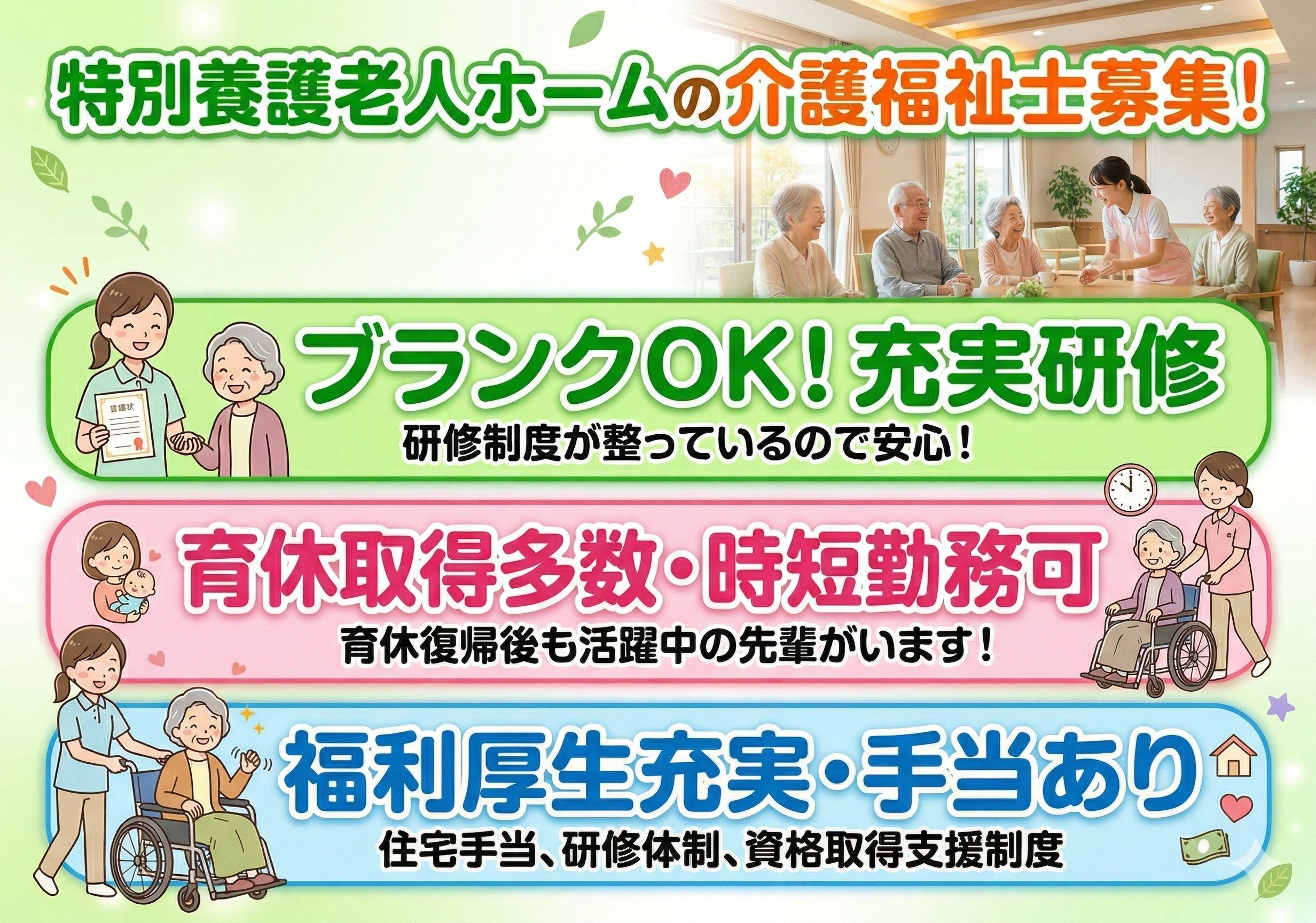 特別養護老人ホームの介護福祉士募集！研修体制充実！ブランクがあっても安心して始められます！