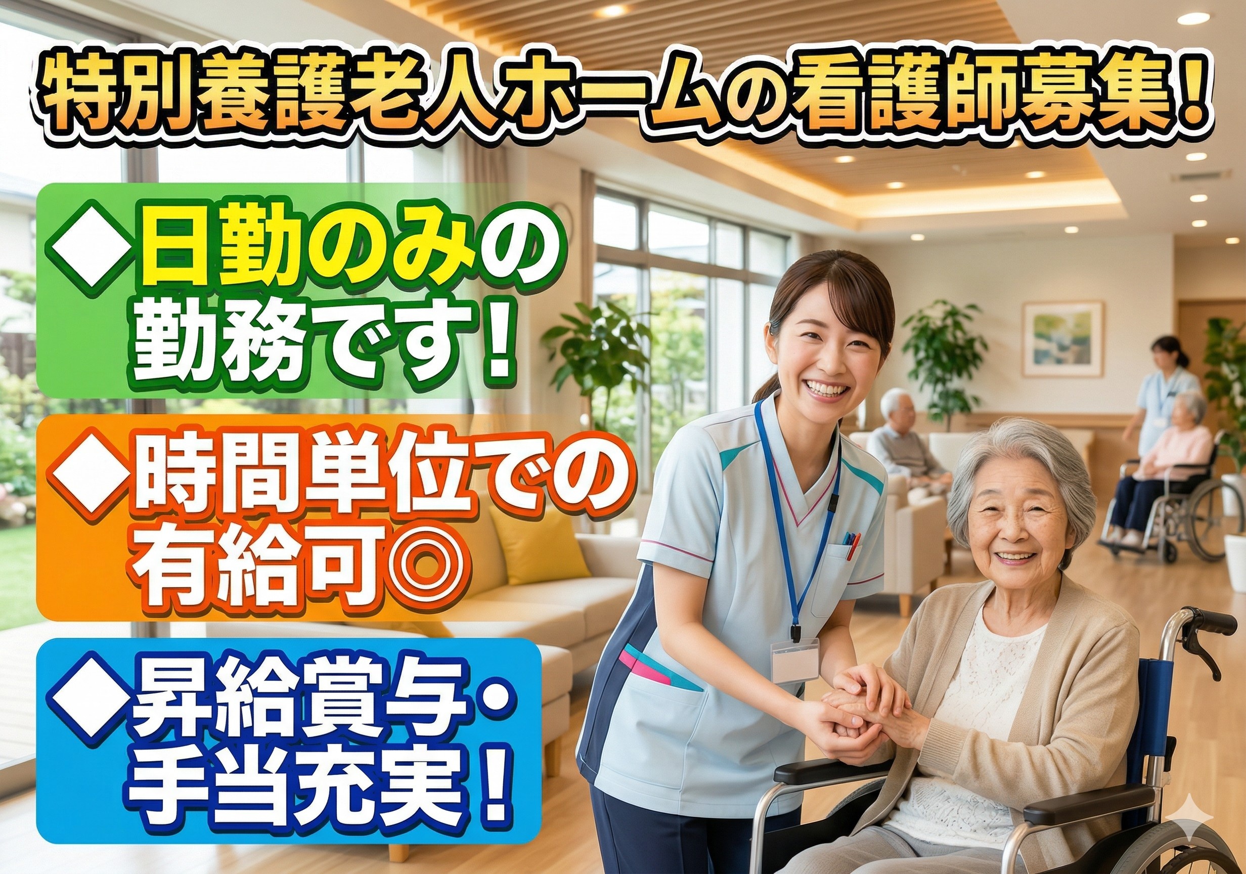 特別養護老人ホームの看護師募集！夜勤なし！日勤のみの勤務です！！