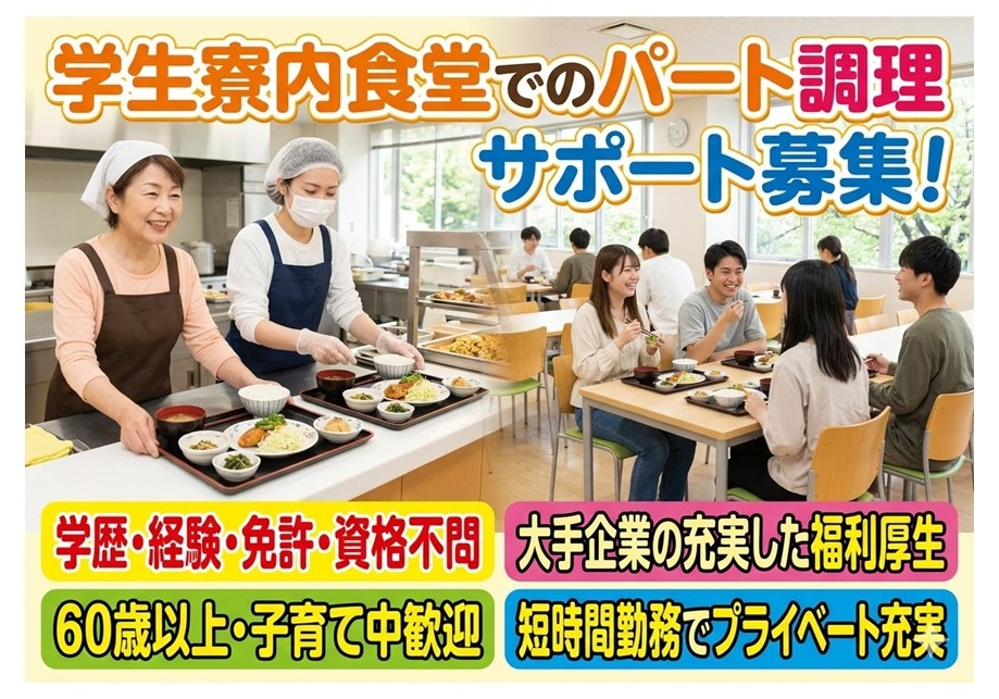 学生寮内でのパート調理サポート募集　学歴・経験・免許・資格不問　大手企業の充実した福利厚生　60歳以上・子育て中歓迎　短時間勤務でプライベート充実