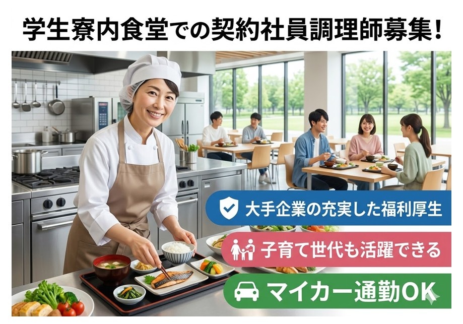 学生寮内食堂での契約社員調理師募集　大手企業の充実した福利厚生　子育て世代も活躍できる　マイカー通勤OK