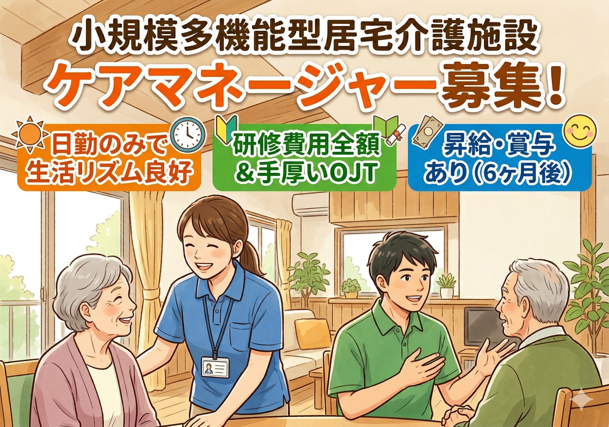 小規模多機能型居宅介護施設のケアマネージャー募集！日勤のみの勤務です！手厚い研修制度が整っています！