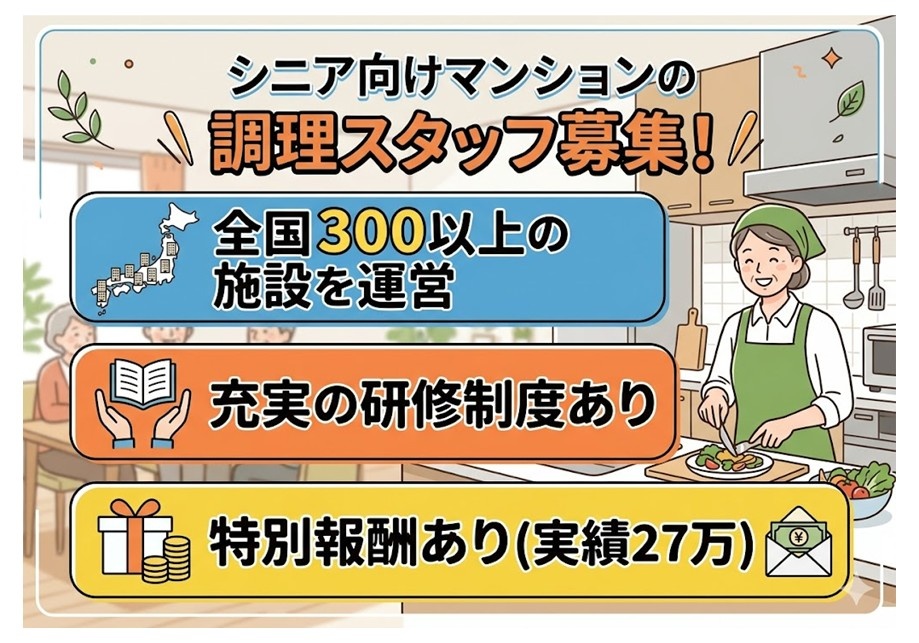 シニア向けマンションの調理スタッフ募集　全国300以上の施設を運営　充実の研修制度あり　特別報酬あり