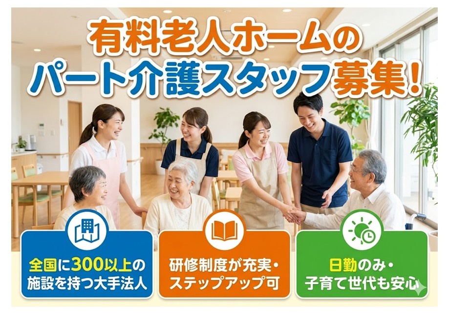 有料老人ホームのパート介護スタッフ募集　全国300施設以上の大手法人　研修制度充実　日勤のみ　子育て世代も安心