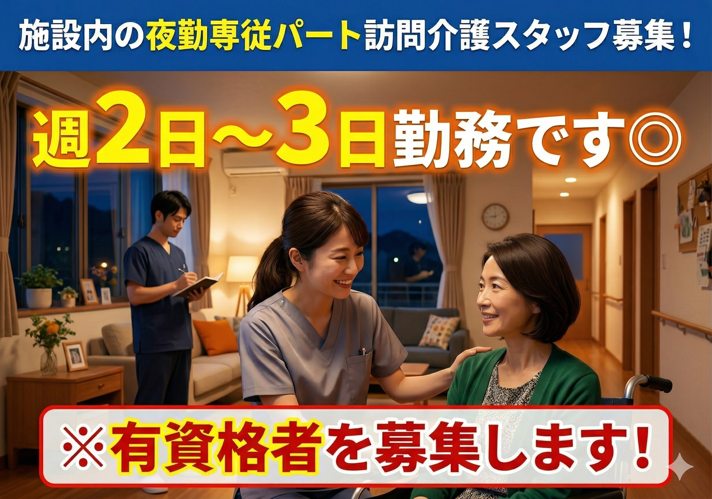 施設内の夜勤専従パート訪問介護スタッフ募集　週2～3日勤務です　※有資格者を募集します！