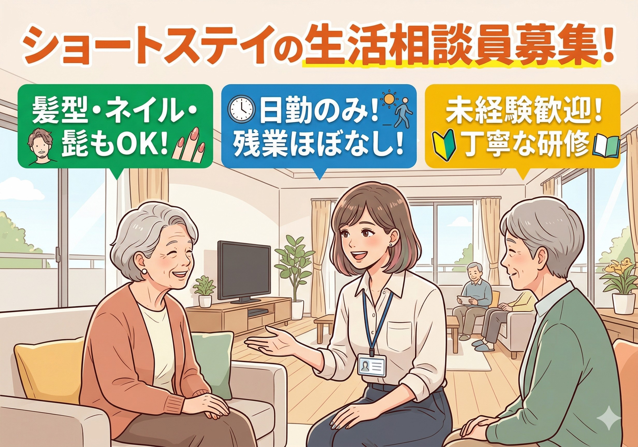 ショートステイの生活相談員募集！日勤のみの勤務です！髪型ネイル・髭OK！