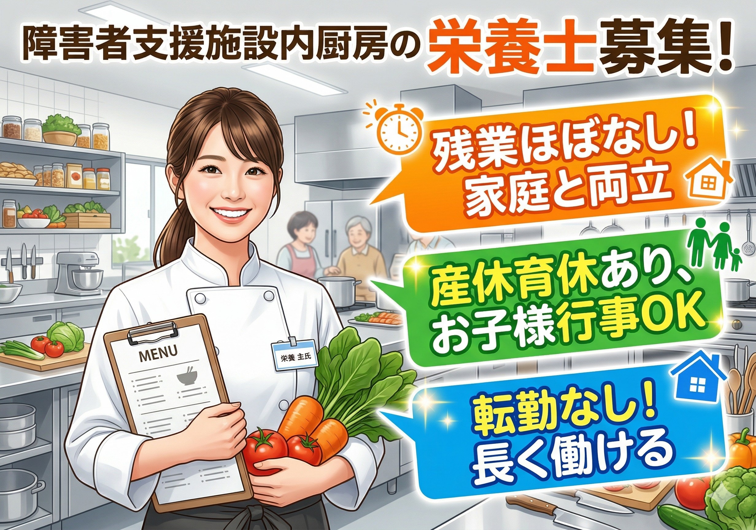 障害者支援施設内厨房の栄養士募集！残業ほぼ無し！プライベートの時間をしっかり確保できます！