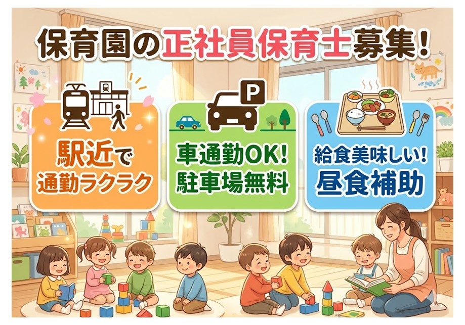 保育園の正社員保育士募集　駅近で通勤ラクラク　久津間通勤OK　駐車場無料　給食美味しい昼食補助