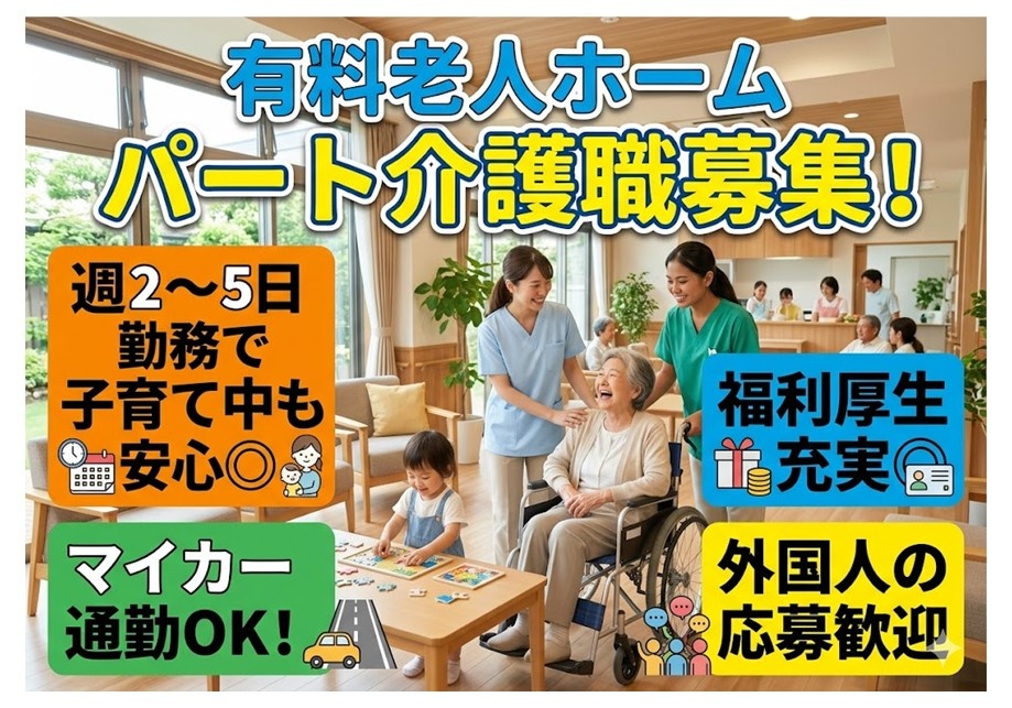 有料老人ホーム　パート介護職募集　週2～5日勤務で子育て中でも安心　マイカー通勤OK　福利厚生充実　外国人の応募歓迎